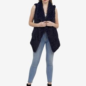 Love Token Ali Faux Fur Vest Cozycore Open Front Assymetrical Hem Navy Blue New
